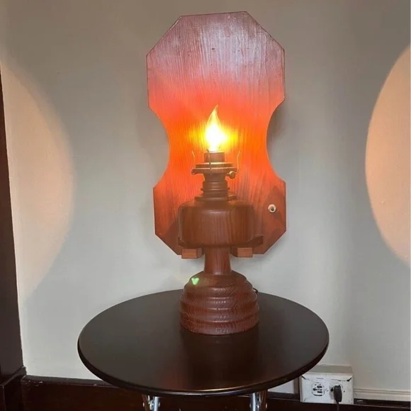 Vintage Rustic Farmhouse Wooden Electric Oil Lamp With Wooden Wall Mount - Picture 8 of 11